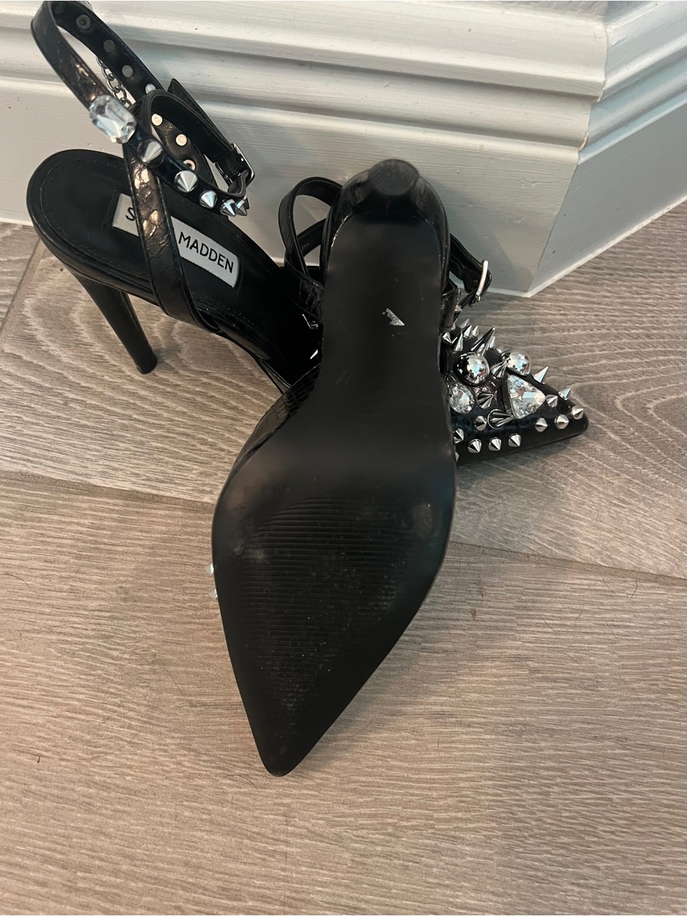 Steve Madden Black Pointed Toe Spike & Crystal Ankle-Strap Heels - Picture 4 of 4